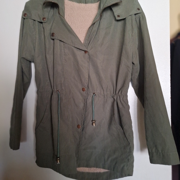 Ganji Jacket SzS Rayon/Polyester Fleece Lined Hoodie Drawstring Waist Army Green - Picture 3 of 8